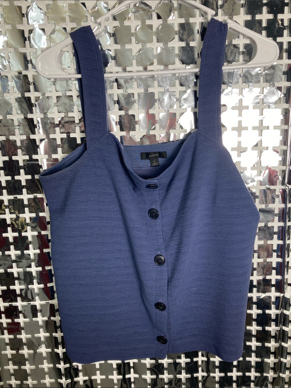 Sleeveless Ribbed Button-Front Tank Top — Navy Blue
